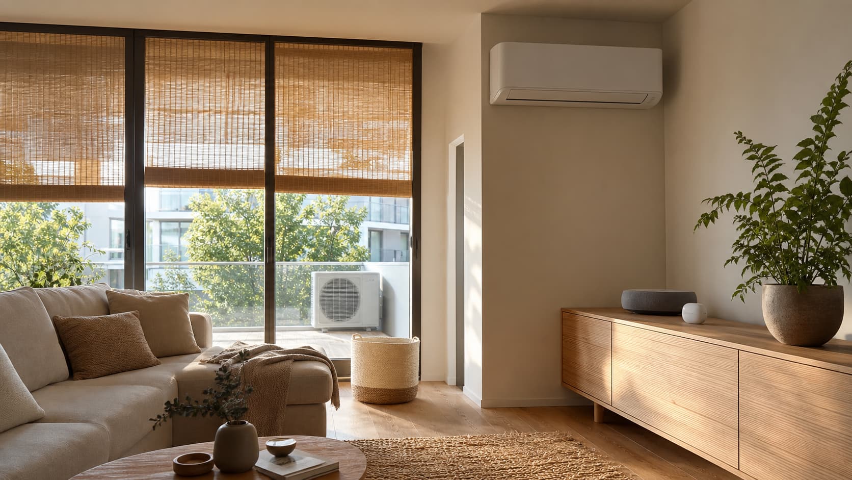 Moderne Split-Klimaanlage mit Smartphone-Steuerung in einem hellen Wohnraum