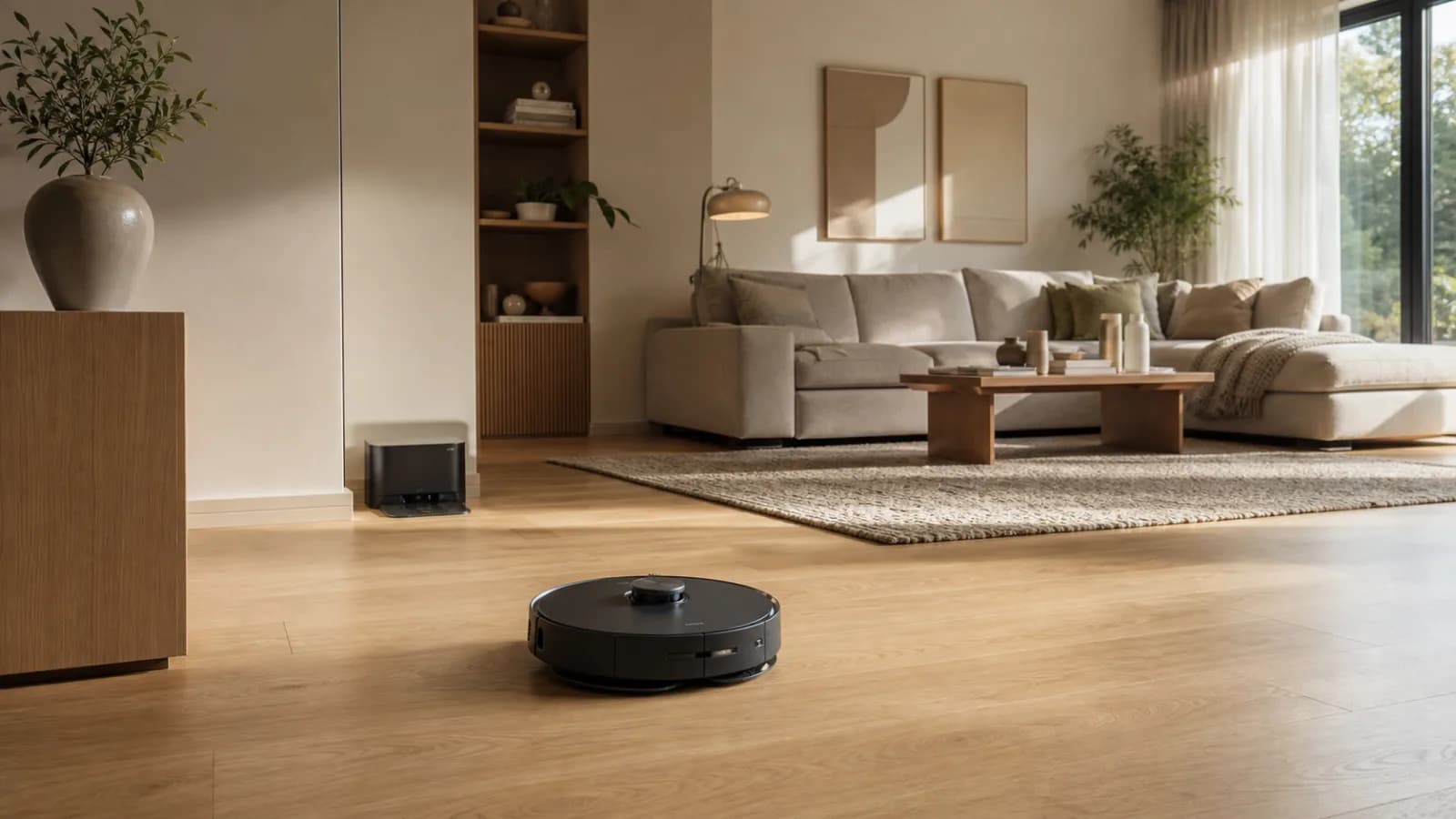 Staubsaugroboter mit LiDAR-Sensor auf einer hellen Holzoberfläche, daneben eine Smartphone-App mit Raumkarte