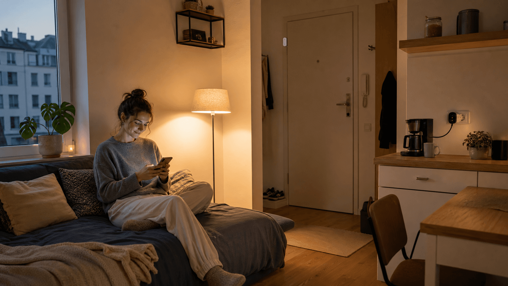 Junge Mieterin in einer kleinen Wohnung mit warm gedimmter Stehlampe, smarter Kaffeemaschinen-Steckdose und angeklebtem Sensor am Eingang