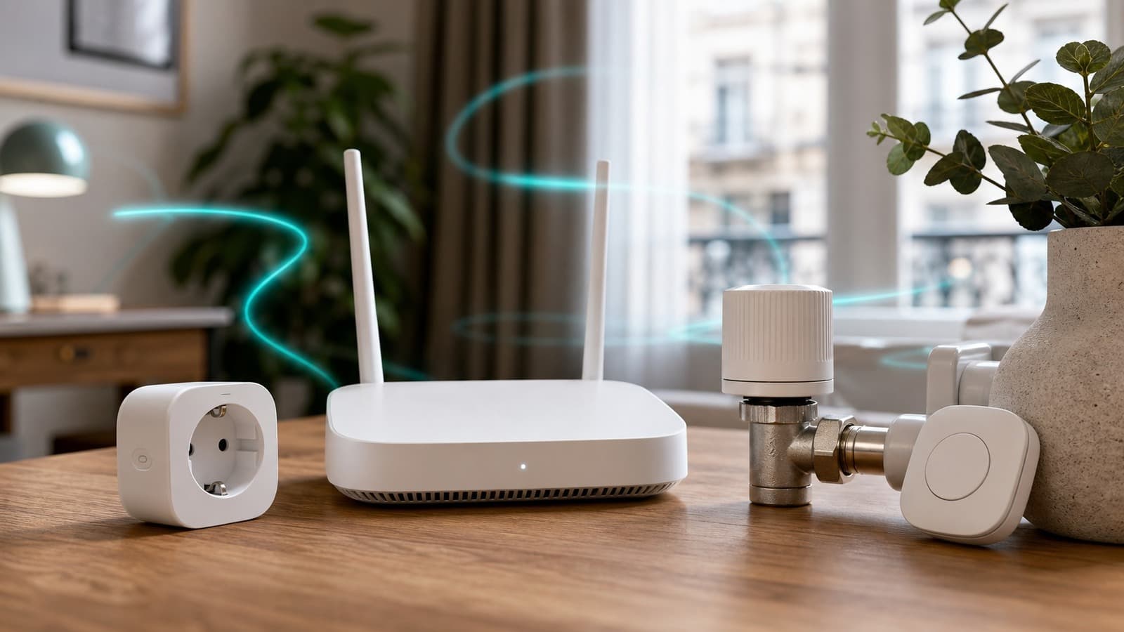 Unbranded white router with a smart plug, radiator thermostat, and wall button