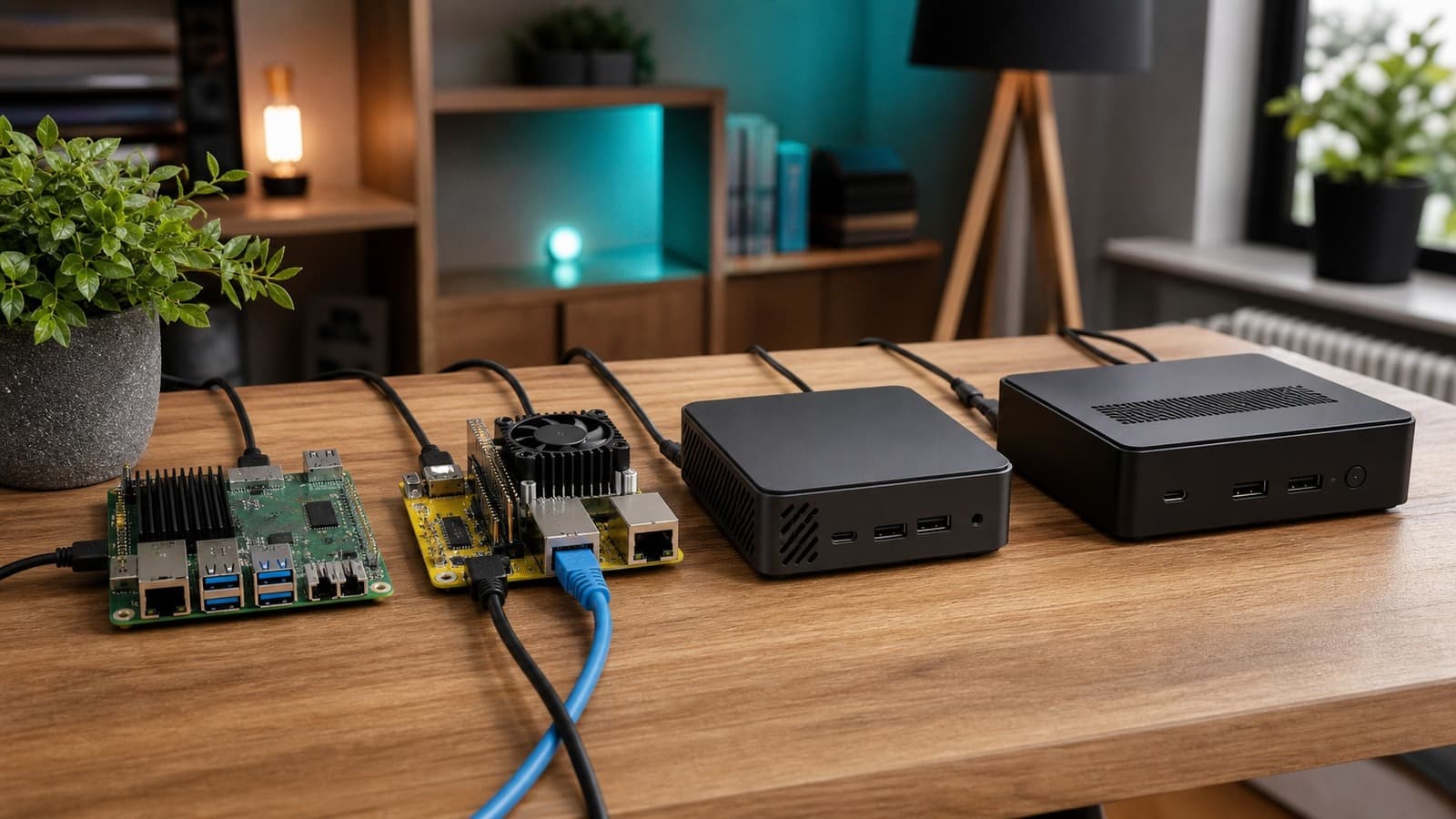 Four unbranded Home Assistant server options on a wooden desk