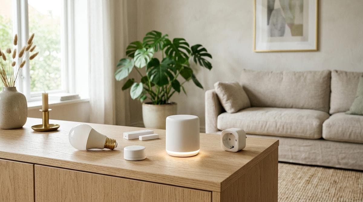 Kleiner weißer Smart-Home-Hub auf einem Sideboard, daneben Sensor, smarte Lampe und smarte Steckdose