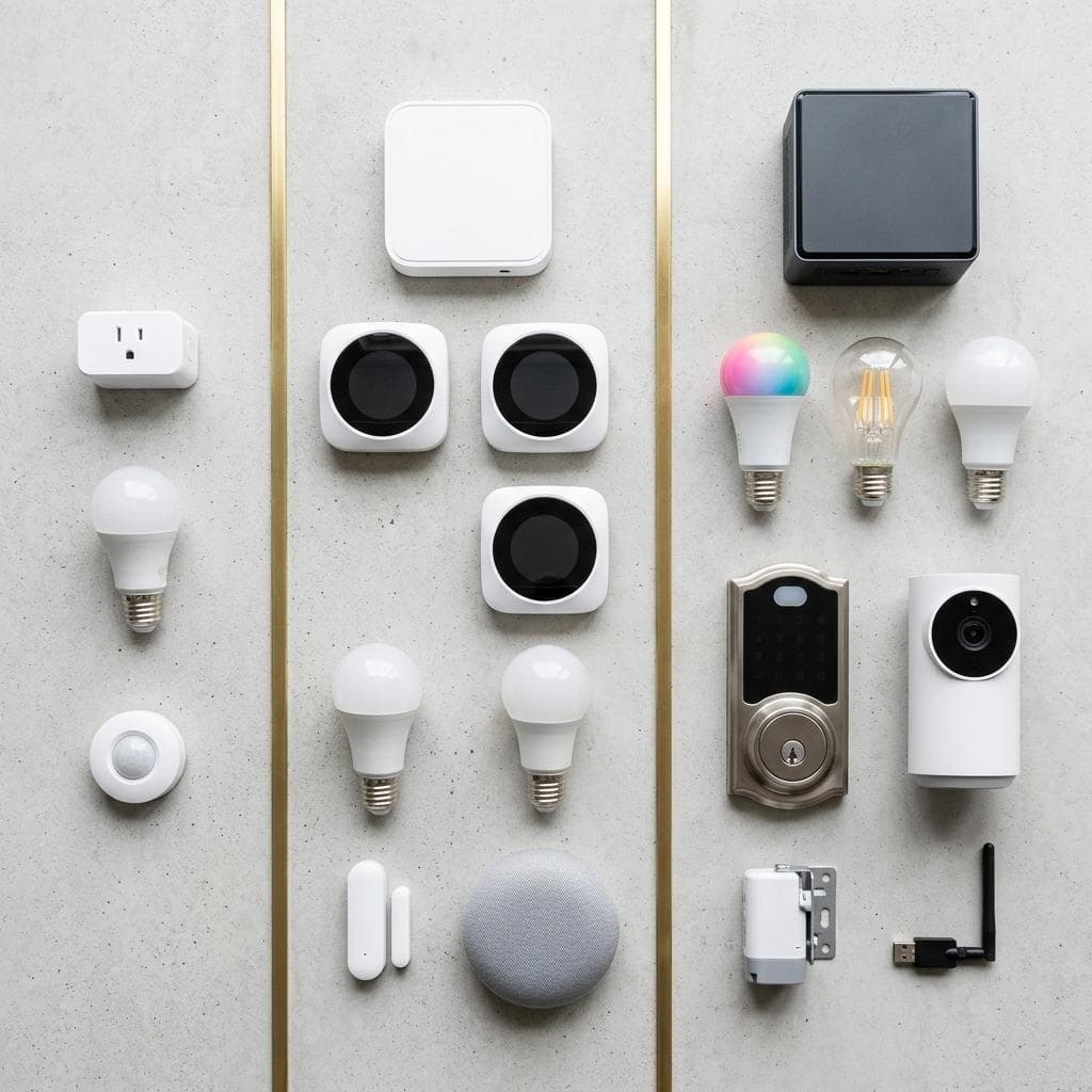Drei Preisklassen eines Smart Home als Flatlay: Budget, Grundsystem und Premium