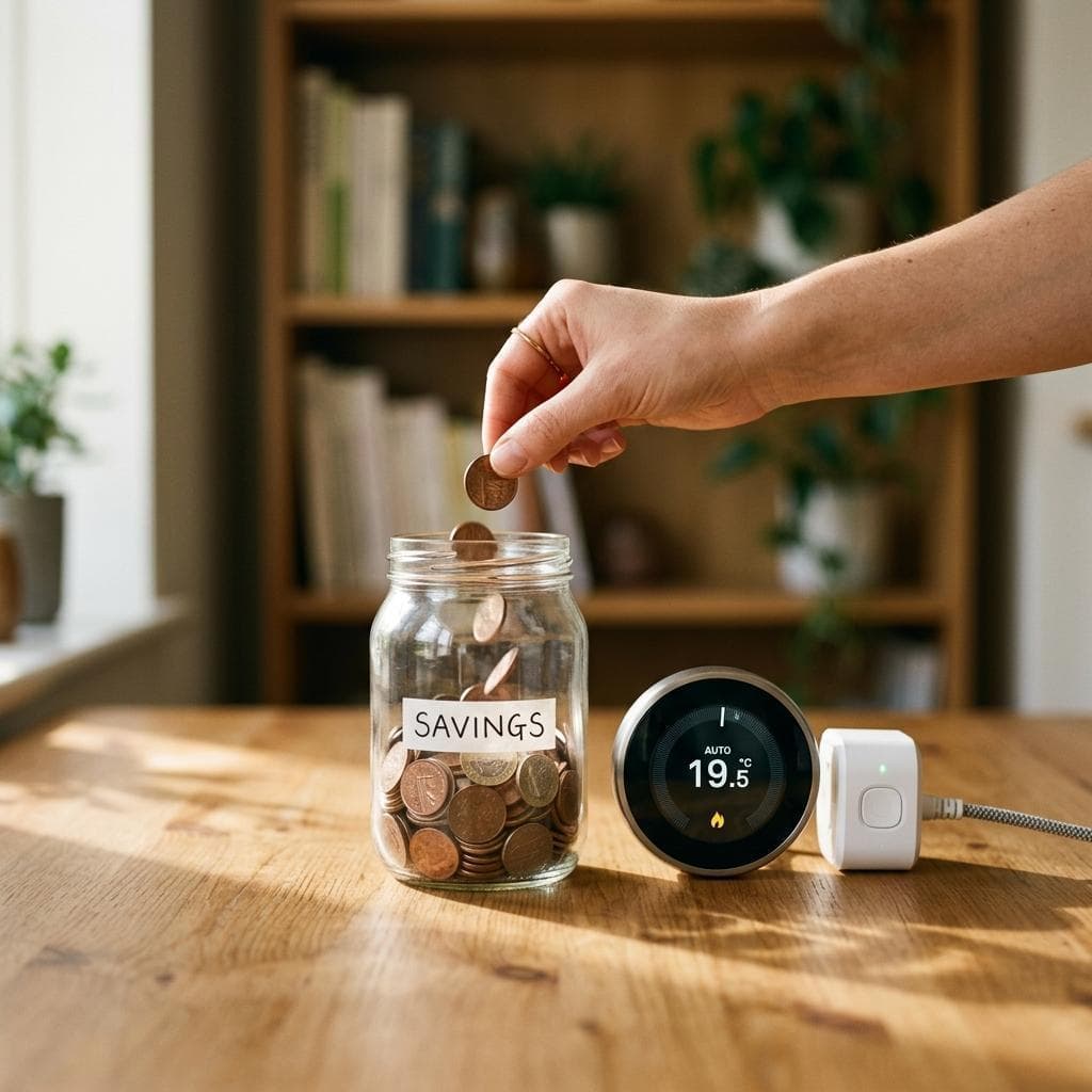 Glas mit Münzen neben einem smarten Thermostat und einer Steckdose – Symbol für Energieersparnis