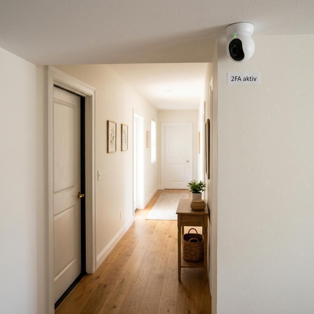 Smarte IP-Kamera in einem Innenflur, sauber montiert mit sichtbarer Stromversorgung – Beispiel für eine korrekt positionierte Überwachungskamera