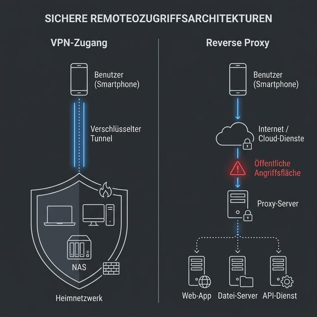 Vergleich von VPN und Reverse Proxy als Remote-Zugriffsoptionen: VPN tunnelt direkt ins Heimnetz ohne offene Ports, Reverse Proxy stellt Home Assistant über HTTPS mit eigener Domain bereit