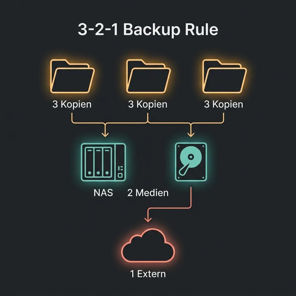 Schematische Darstellung der 3-2-1-Backup-Regel mit drei Kopien auf zwei verschiedenen Medien und einer externen Cloud-Sicherung