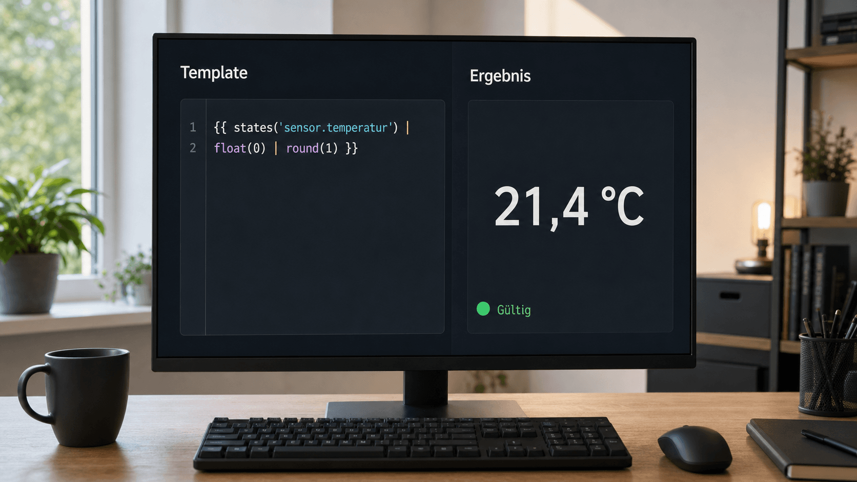 Template-Editor mit einem gültigen Jinja2-Ausdruck und dem direkt berechneten Ergebnis 21,4 Grad Celsius