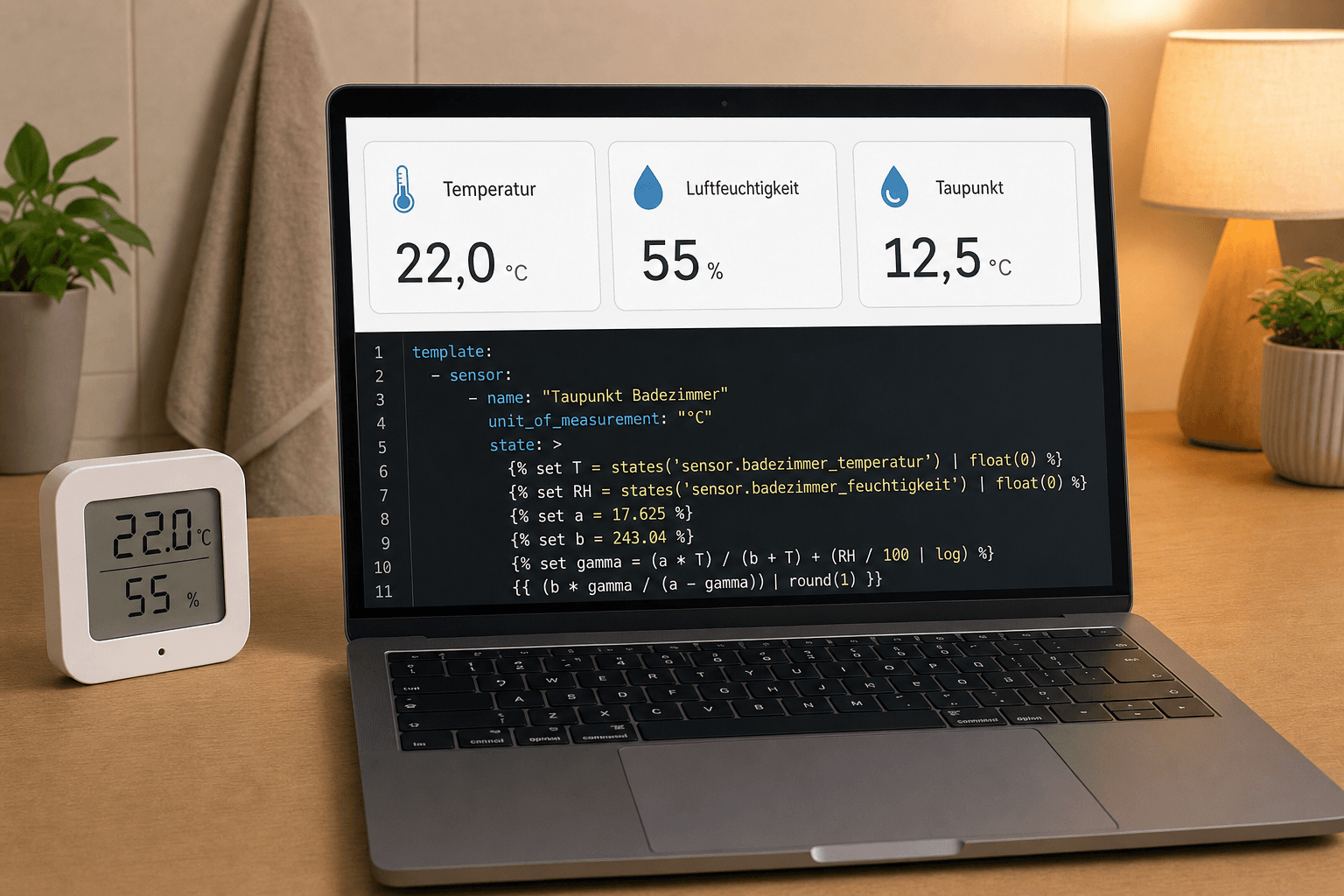 YAML-Editor mit einem Jinja2-Template-Sensor, der aus Temperatur und Luftfeuchtigkeit den Taupunkt berechnet