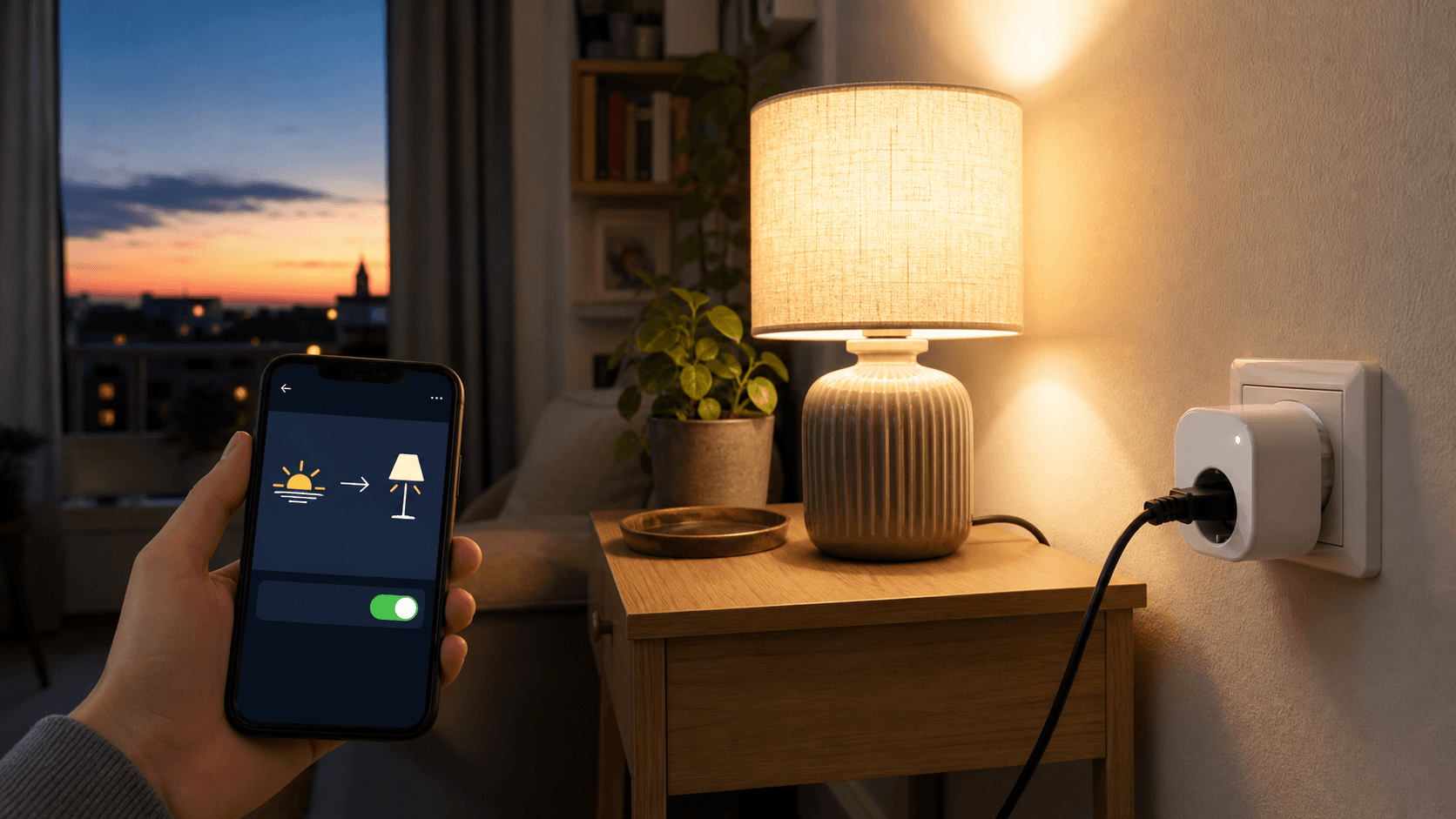 Smartphone mit einer Sonnenuntergang-Licht-Automatisierung neben einer eingeschalteten Lampe, deren Kabel sichtbar an einem eingesteckten smarten Zwischenstecker angeschlossen ist