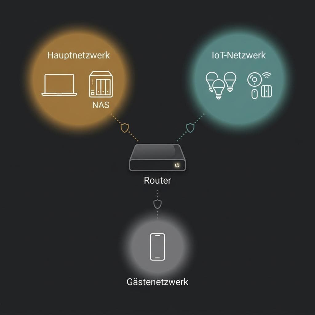 VLAN-Trennung: logisch getrennte Netzsegmente für Heimnetz (Laptop, NAS), IoT (Steckdosen, Sensoren) und Kameras (IP-Kameras, NVR)