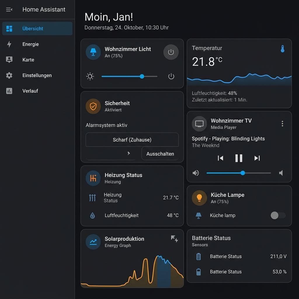 Home Assistant Dashboard mit Geräten und Karten