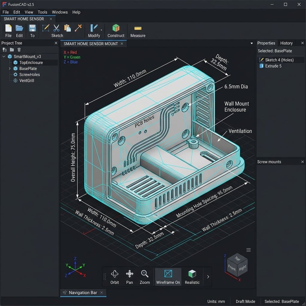 CAD-Software-Oberfläche mit 3D-Gehäuse-Design