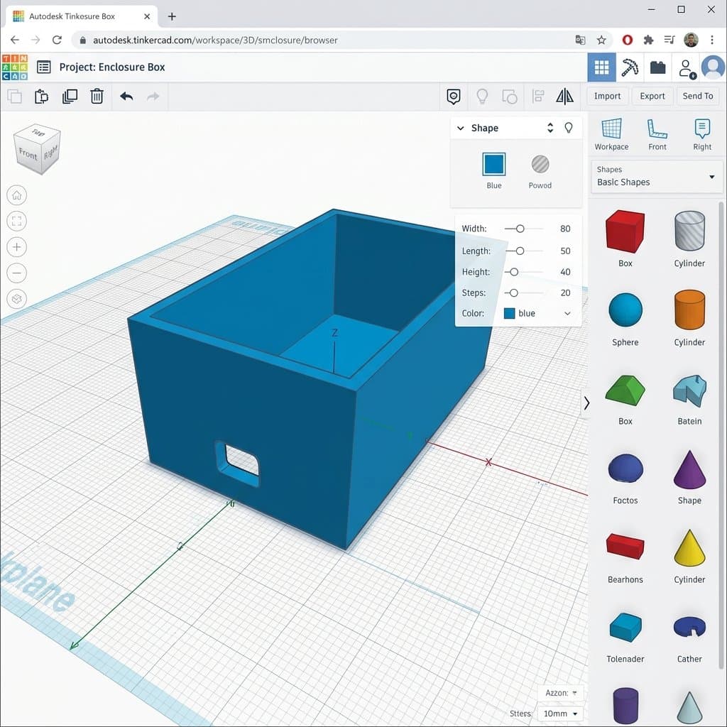 Tinkercad 3D editor interface showing simple box geometry