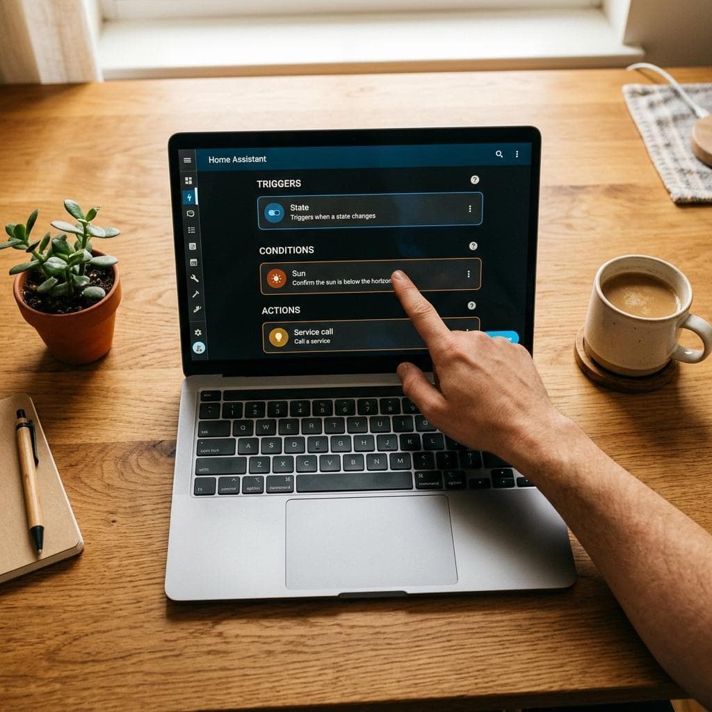 Home Assistant Automatisierungs-Editor mit Trigger, Bedingung und Aktion in einer Übersicht