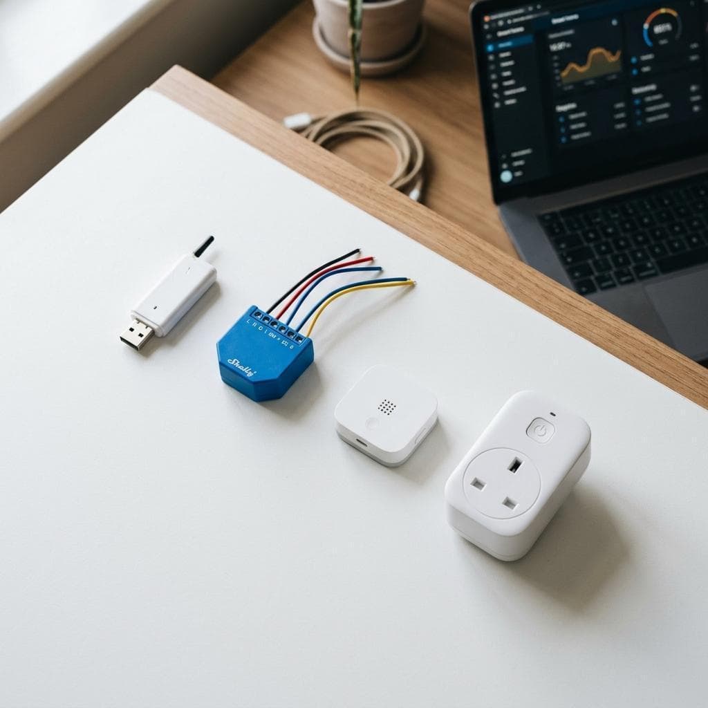 Zigbee-Dongle, Shelly-Relais, Aqara-Sensor und Tuya-Steckdose auf weißer Schreibtischoberfläche
