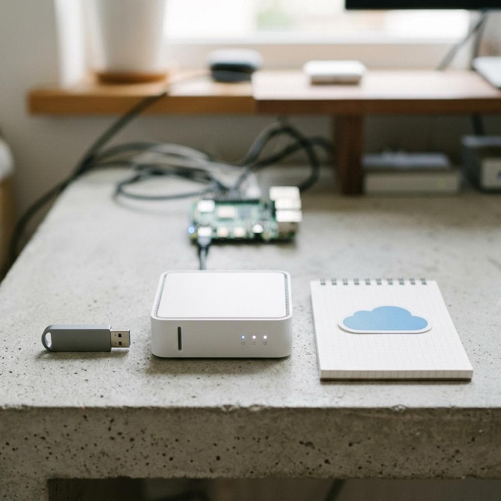 Raspberry Pi mit microSD-Karte neben einem externen Backup-Medium auf einer Schreibtischoberfläche