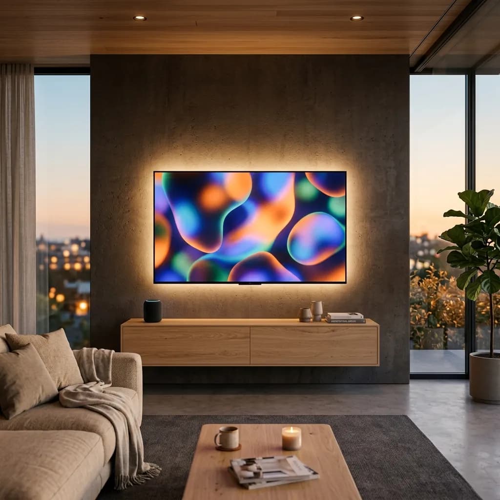 Smart TV im Wohnzimmer mit Home Assistant Dashboard auf dem Fernseher