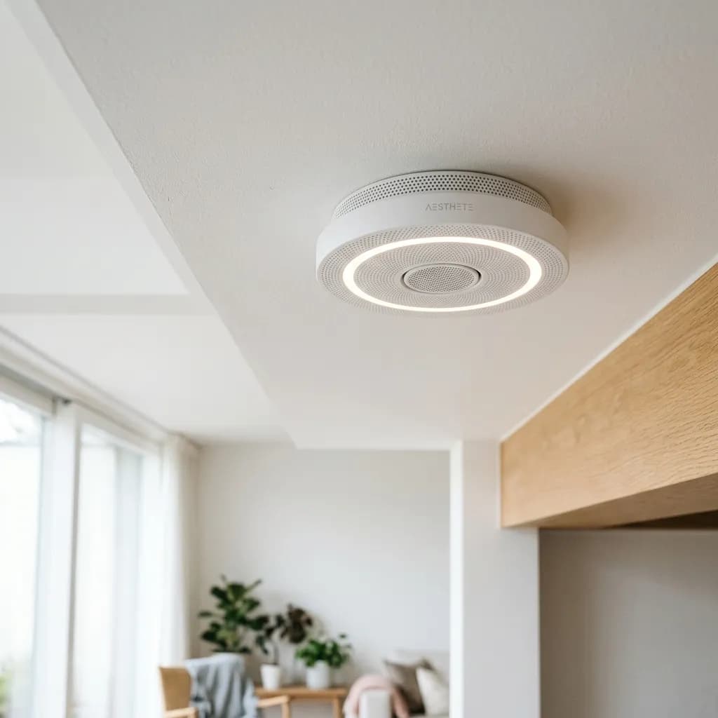Zigbee-Rauchmelder an einer Decke montiert, Home-Assistant-Dashboard im Hintergrund