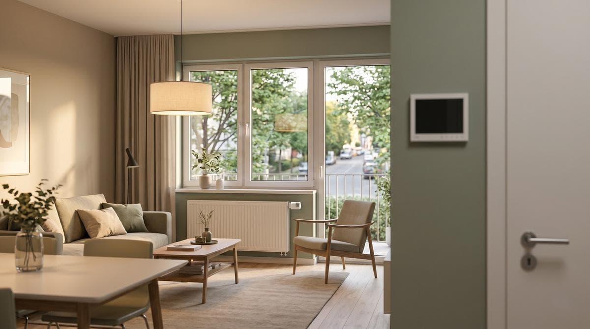 Wohnzimmer mit warm gedimmter Lampe, smartem Thermostat am Heizkörper und Video-Türklingel im Hintergrund