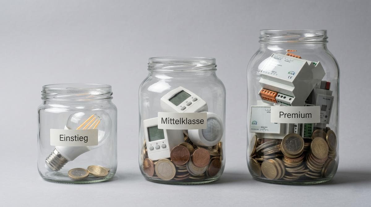 Drei Glasgefäße in steigender Größe als Symbol für Einstiegs-, Mittelklasse- und Premium-Budget