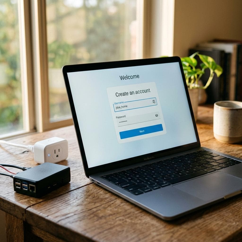 Laptop-Bildschirm zeigt den Home Assistant Onboarding-Wizard auf einem Schreibtisch mit Raspberry Pi