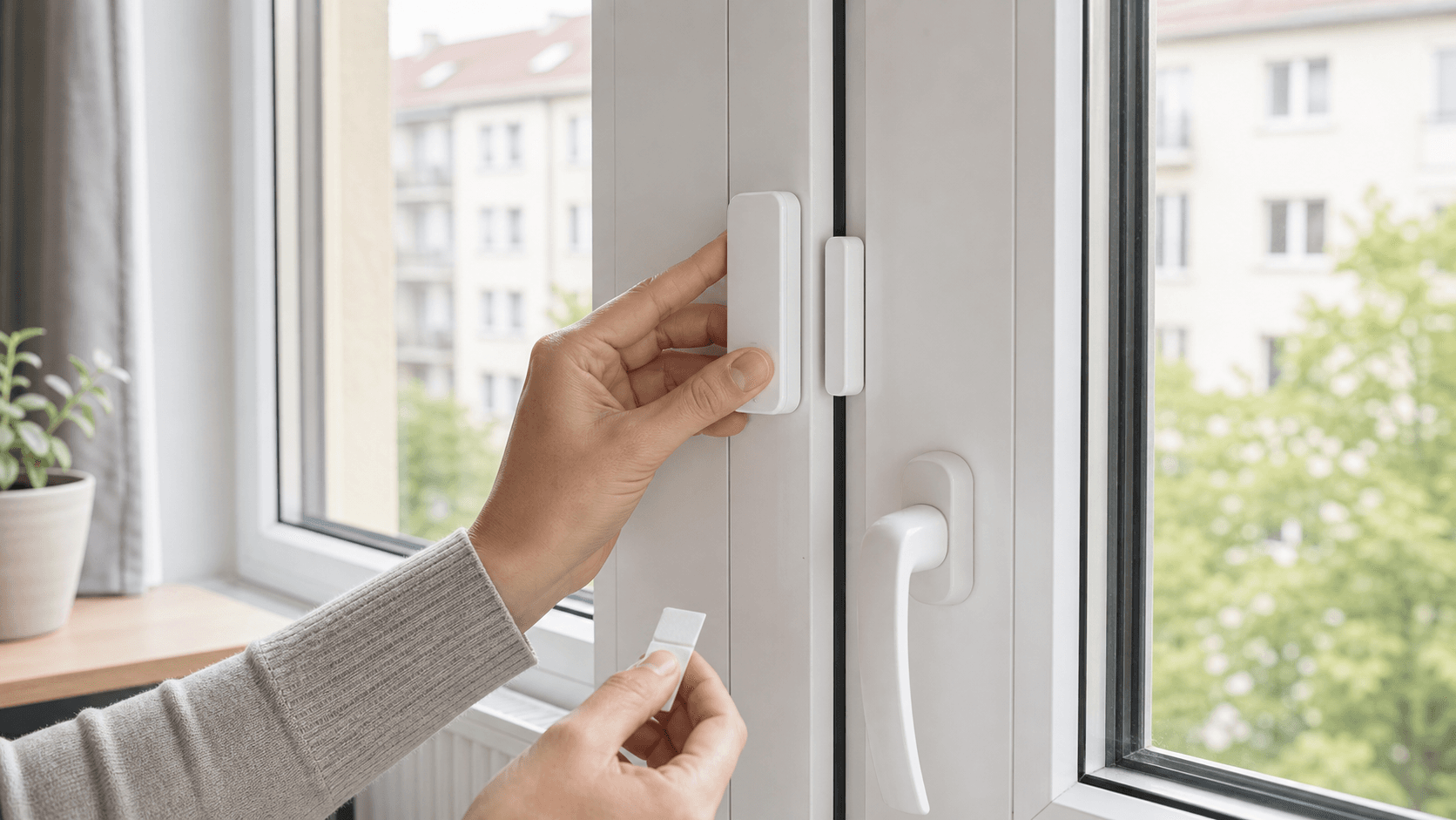 Hand montiert einen zweiteiligen Funk-Fensterkontakt mit Klebepad korrekt gegenüberliegend auf festem Rahmen und geschlossenem Fensterflügel