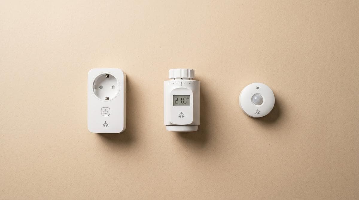 Smarte Steckdose, Aufsteck-Thermostat und Bewegungsmelder nebeneinander – typische Grundausstattung für Mieter