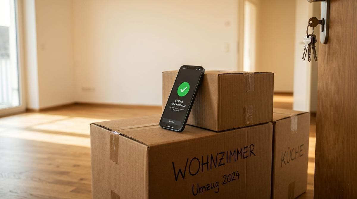 Umzugskartons mit Aufschrift WOHNZIMMER und KÜCHE, daneben Smartphone mit der Anzeige 'System zurückgesetzt'