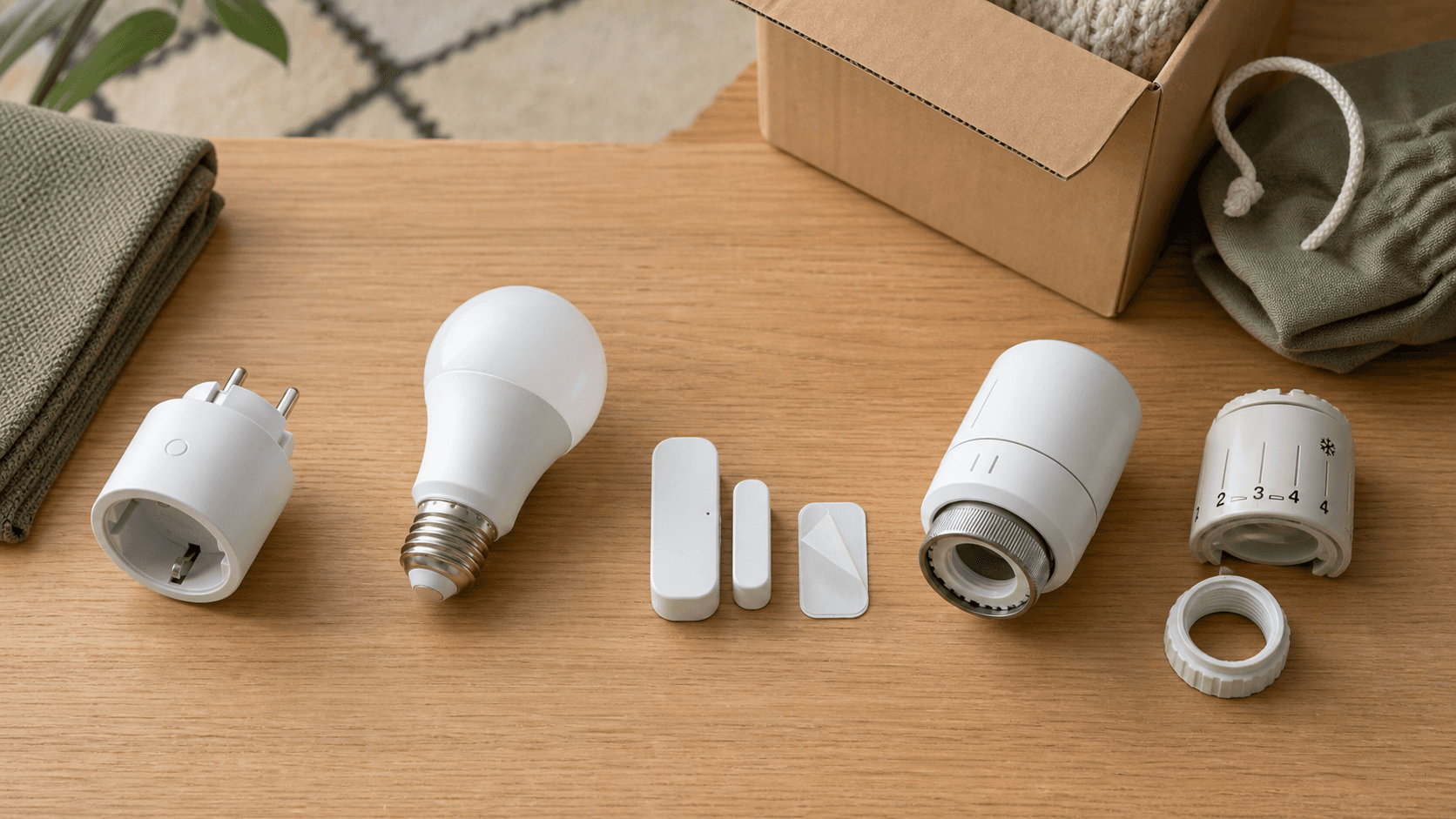 Ausgebaute mieterfreundliche Smart-Home-Geräte: Schuko-Zwischenstecker, E27-Lampe, zweiteiliger Klebesensor und Heizkörperthermostat