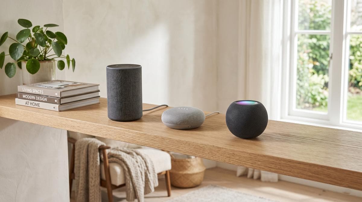 Amazon Echo Dot, Google Nest Mini und Apple HomePod mini nebeneinander auf einem hellen Holzregal