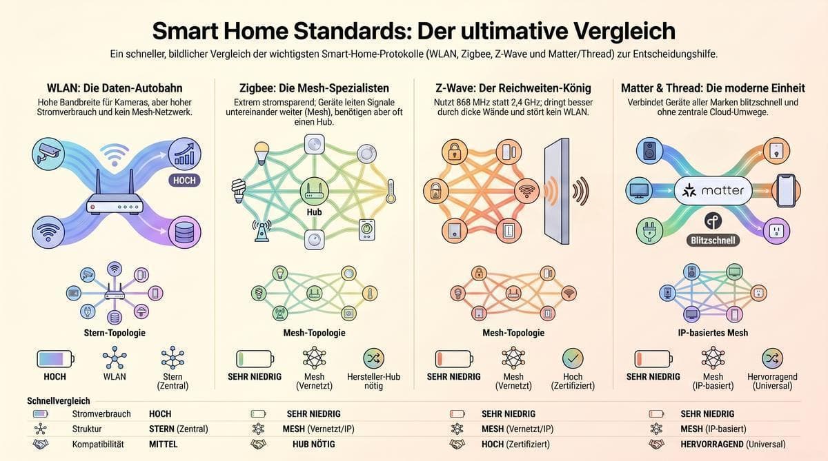 Vier kleine Diagramme nebeneinander zeigen, wie Zigbee, Z-Wave, Matter/Thread und WLAN ihre Geräte verbinden