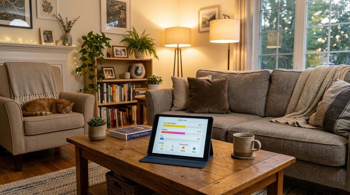 Wohnzimmer in warmem Abendlicht mit Home-Assistant-Automatisierungseditor auf einem Tablet daneben