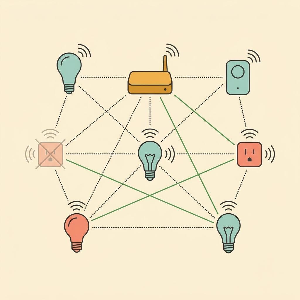 Schematische Darstellung eines Mesh-Netzwerks mit mehreren verbundenen Geräten