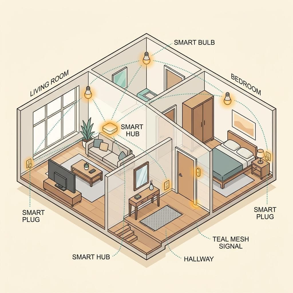 Visualisierung eines Smart Home Mesh-Netzwerks in einer Wohnung