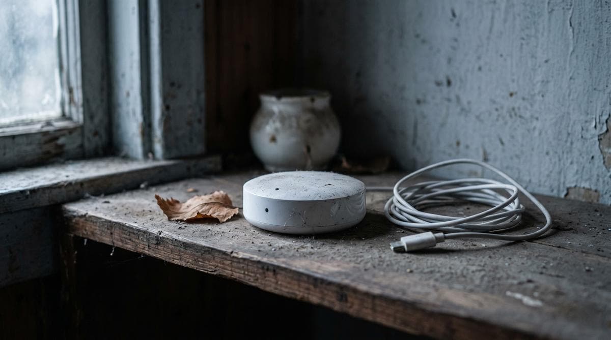 Verstaubter, ausgesteckter Smart-Home-Hub auf einem Holzregal, LED dunkel