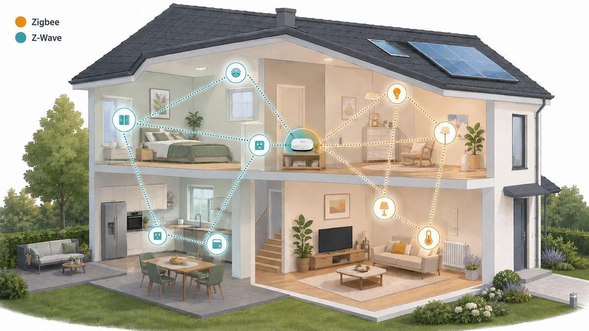 Isometrische Hausgrafik mit zwei farblich getrennten Mesh-Netzen, die Smart-Home-Geräte verbinden