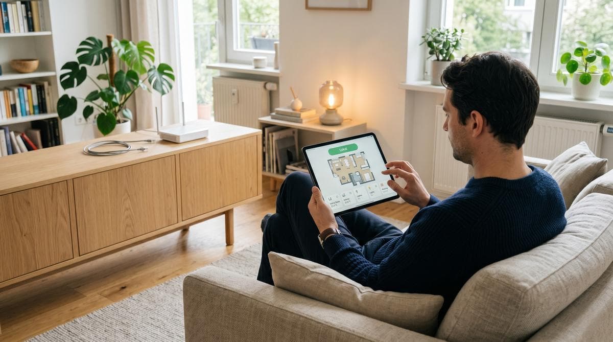 Person mit Tablet auf dem Sofa zeigt ein Smart-Home-Dashboard, im Hintergrund ein vom Internet getrennter Router