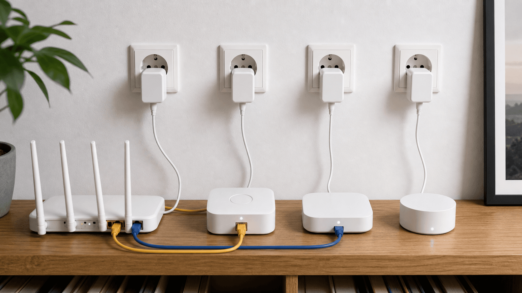 Mehrere herstellerspezifische Smart-Home-Bridges mit eigenen Netzwerk- und Stromanschlüssen neben einem Router