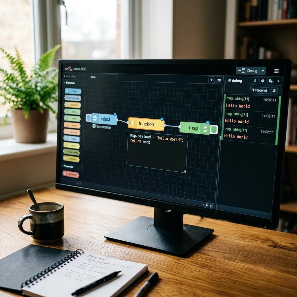 Bildschirm zeigt den Node-RED Flow-Editor mit drei verketteten Nodes