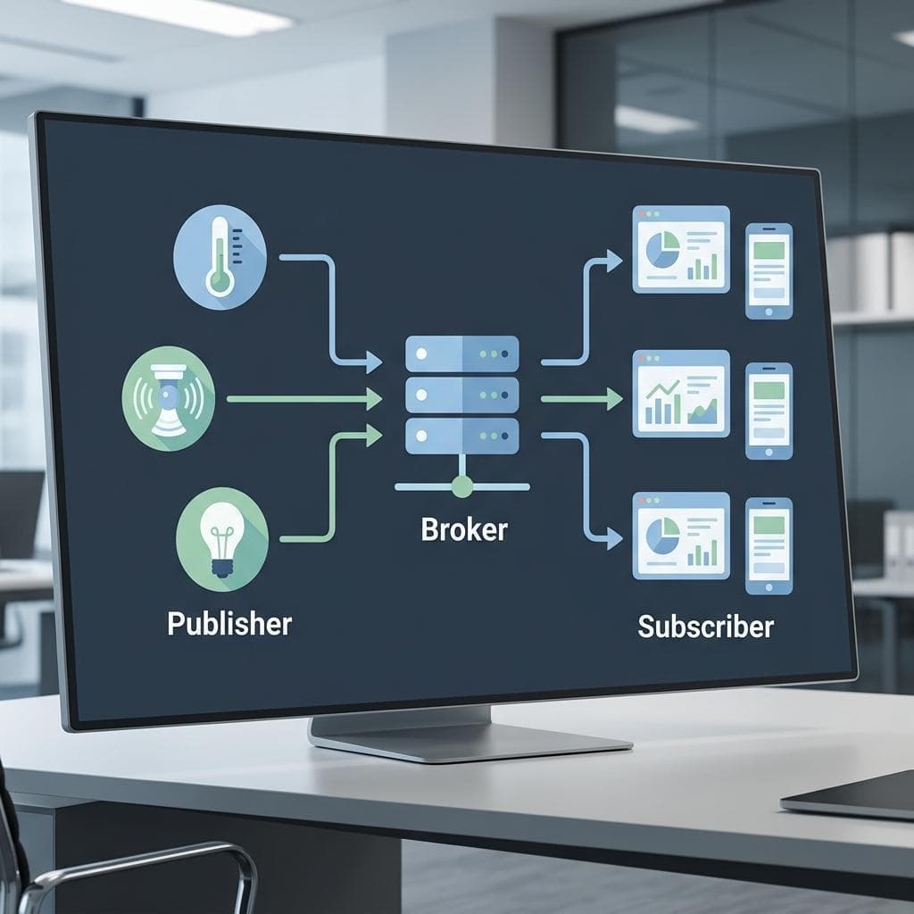 Schema des MQTT Publish/Subscribe-Modells mit Publisher, Broker und Subscriber