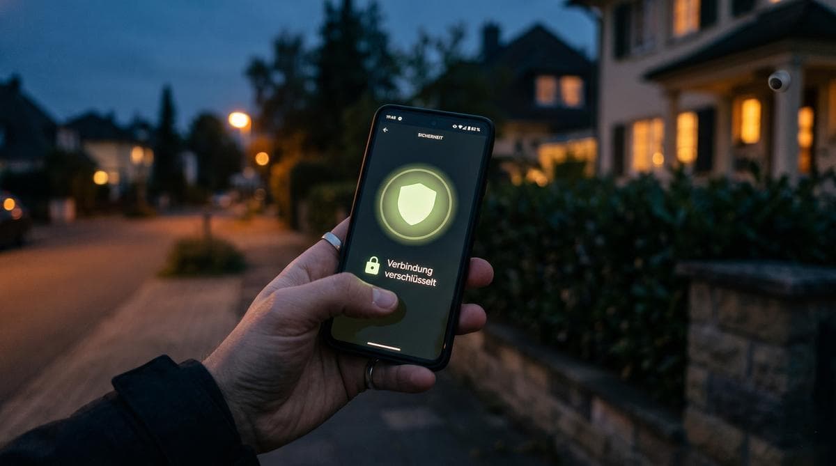 Smartphone mit grünem Schild, Schloss-Symbol und Status 'Verbindung verschlüsselt' vor einem Vorgarten in der Dämmerung