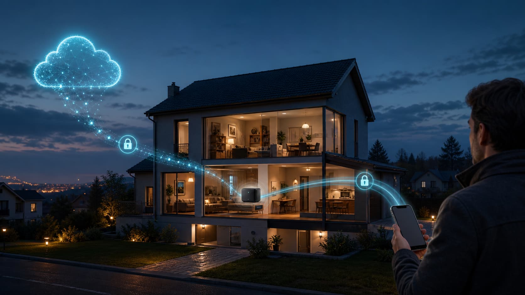 Modernes Wohnhaus bei Dämmerung mit lokaler Smart-Home-Zentrale und zwei sicheren Fernzugriffswegen: Cloud-Relay und VPN-Tunnel