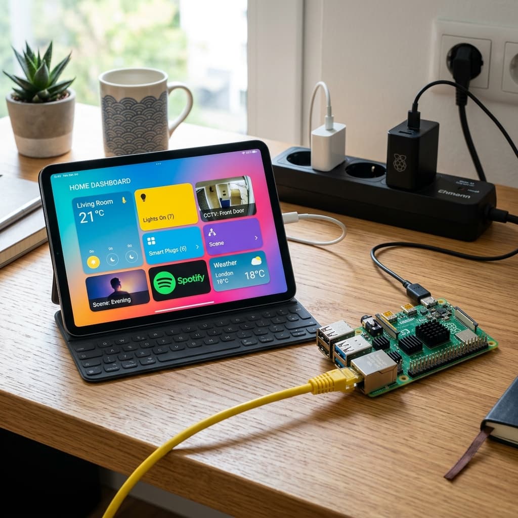 Raspberry Pi 4 mit Home-Assistant-Dashboard auf einem Tablet
