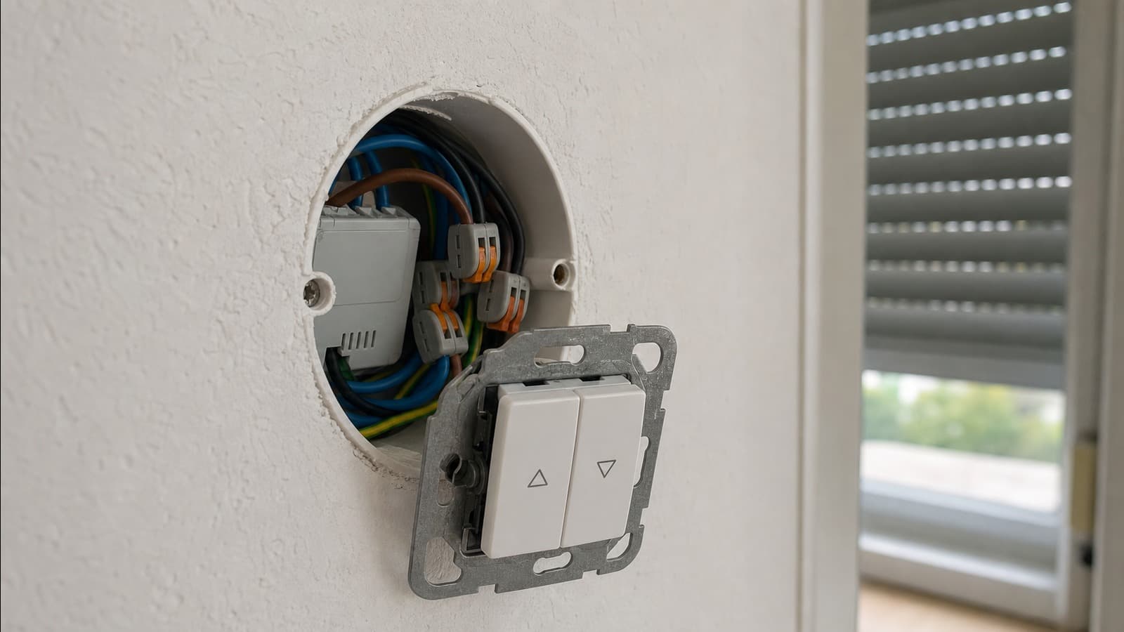 Open standard German flush-mount wall box with a compact roller-shutter actuator behind a two-button up-down switch