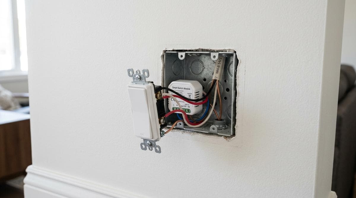 Geöffnete Unterputzdose in einer weißen Wand mit einem Shelly-Dimmer-Modul, das hinter dem Lichtschalter verkabelt ist