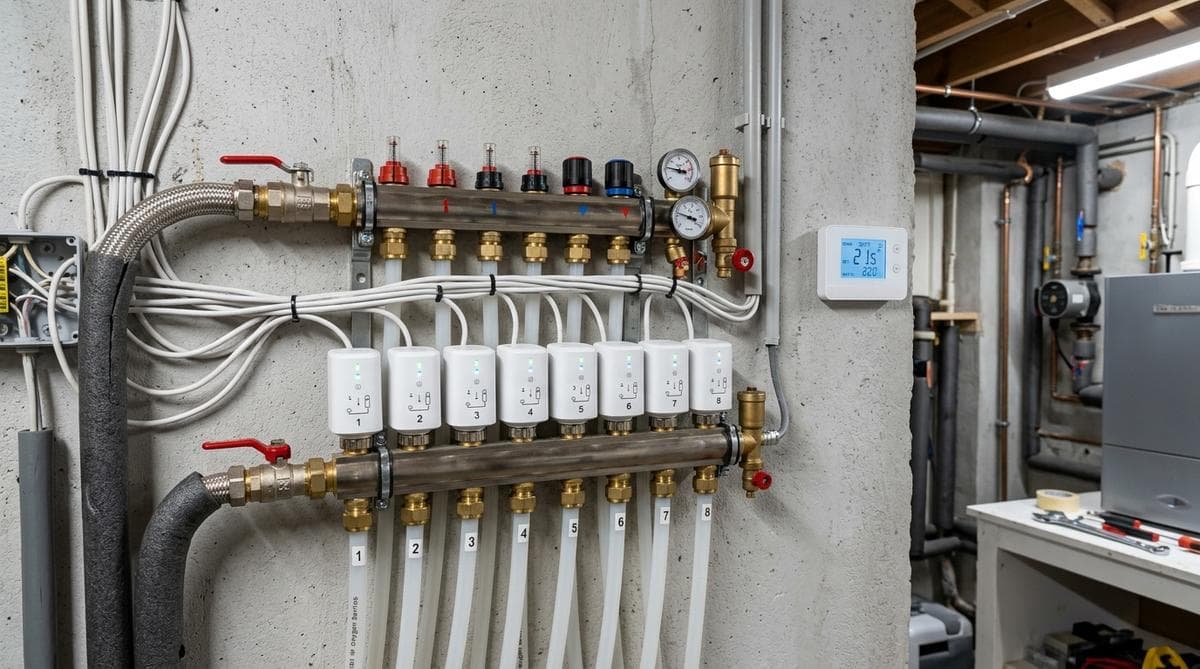 Heizkreisverteiler mit weißen Stellantrieben und Zimmer-Thermostat an der Wand im Hintergrund