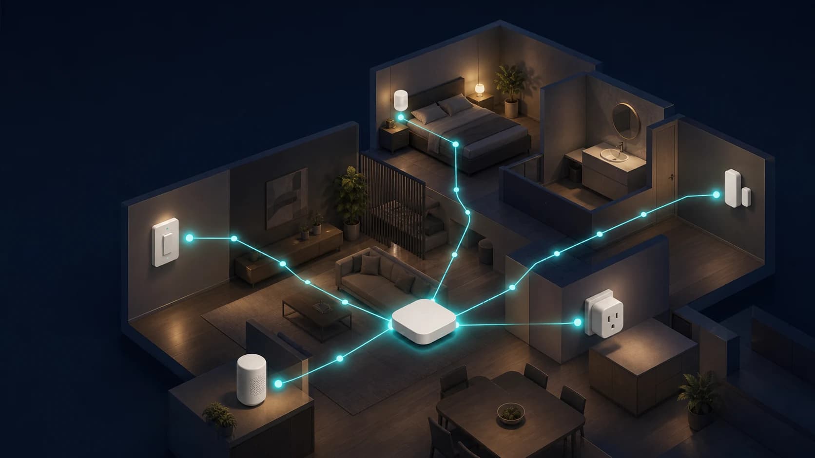 Thread Border Router verbindet per leuchtendem Mesh-Netz smarte Steckdose, Wandschalter, Sensor und Lampe in einer isometrischen Wohnung