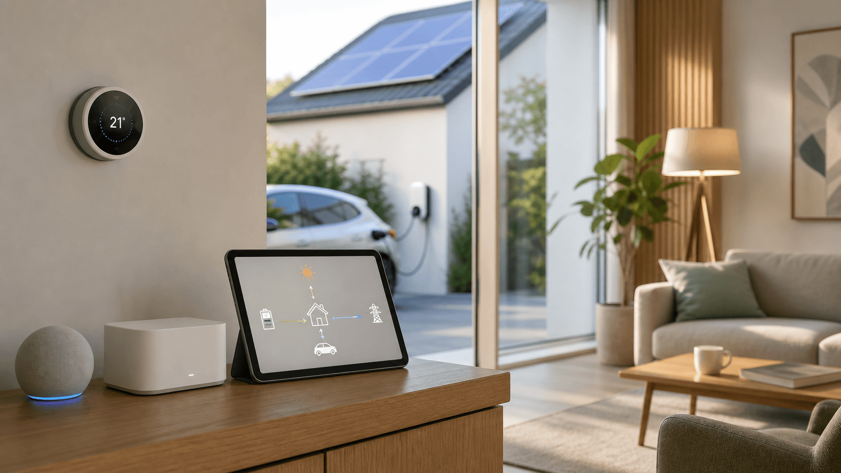 Lokales Smart-Home-System mit Energieanzeige, Sprachassistent, Thermostat, Solaranlage und ladendem Elektroauto