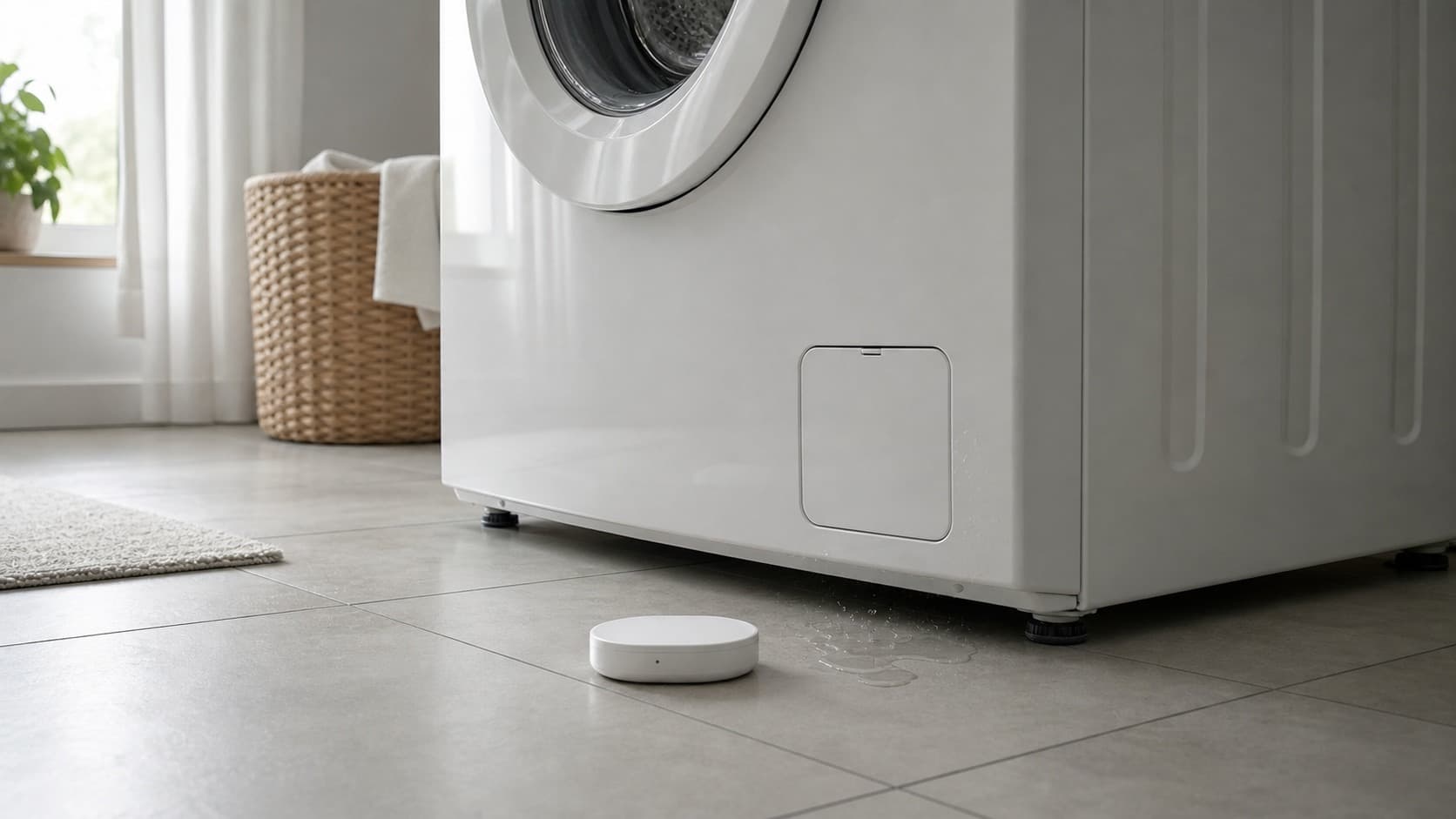 Unbranded smart water leak sensor on a bathroom floor next to a washing machine hose